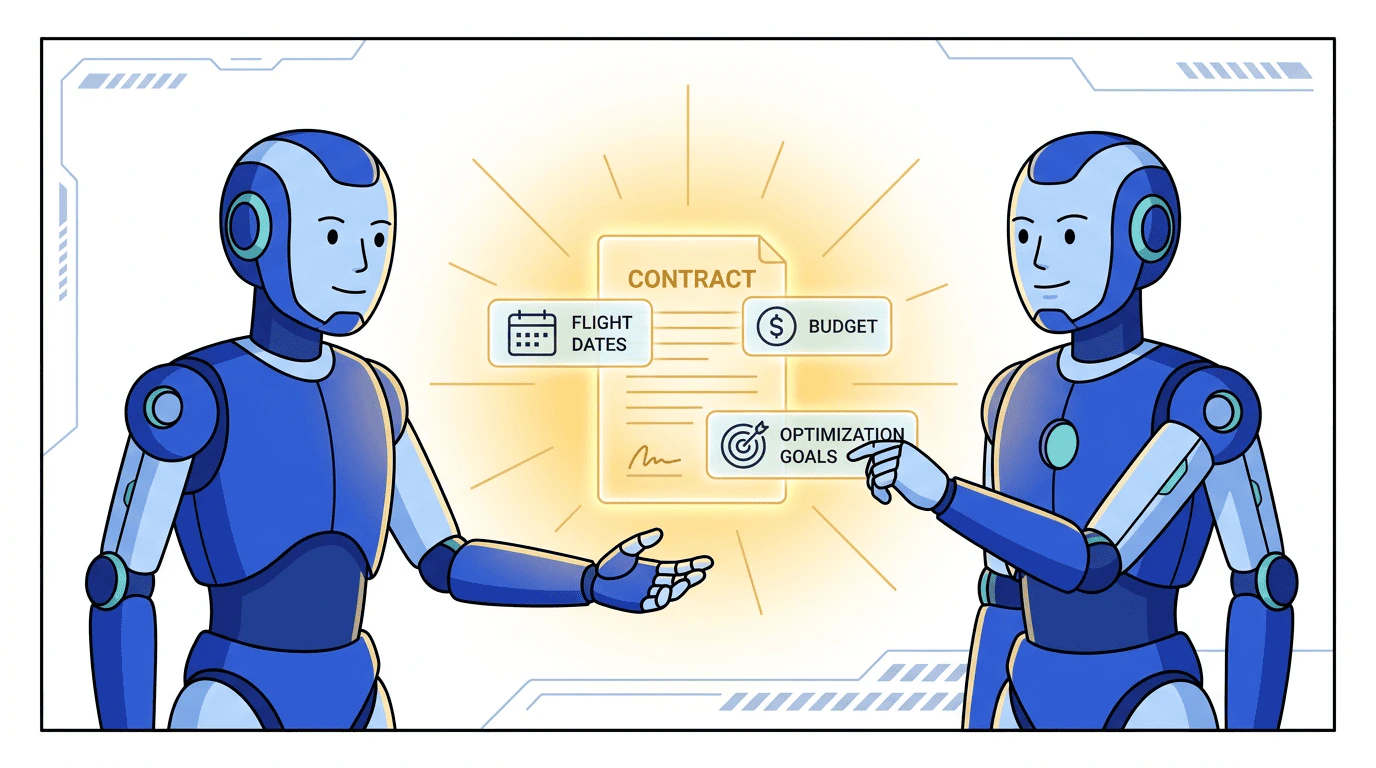 Priya's buyer agent sends a create_media_buy request to NovaMind — a glowing contract document materializes between the two agents, with budget amounts, flight dates, and optimization goals visible as floating labels