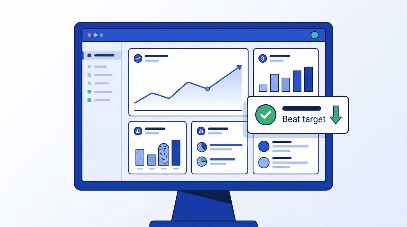 A clean dashboard showing SI campaign metrics — engagements, clicks, conversions, and cost per engagement — with a line chart trending upward and a callout showing 'CPA: $9.40, beating $12.00 target'