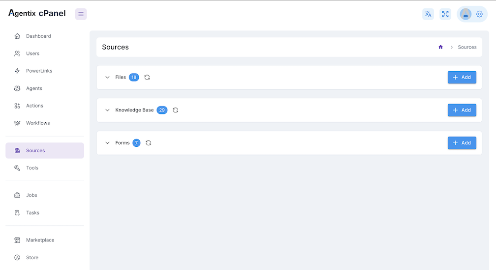 Agentix Sources panel