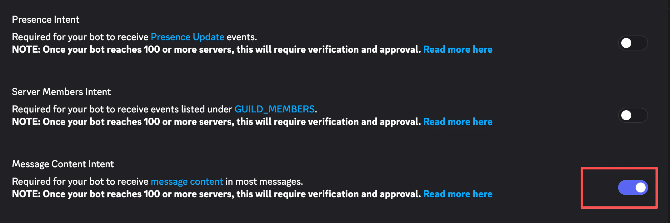 Enable the Discord bot message content intent