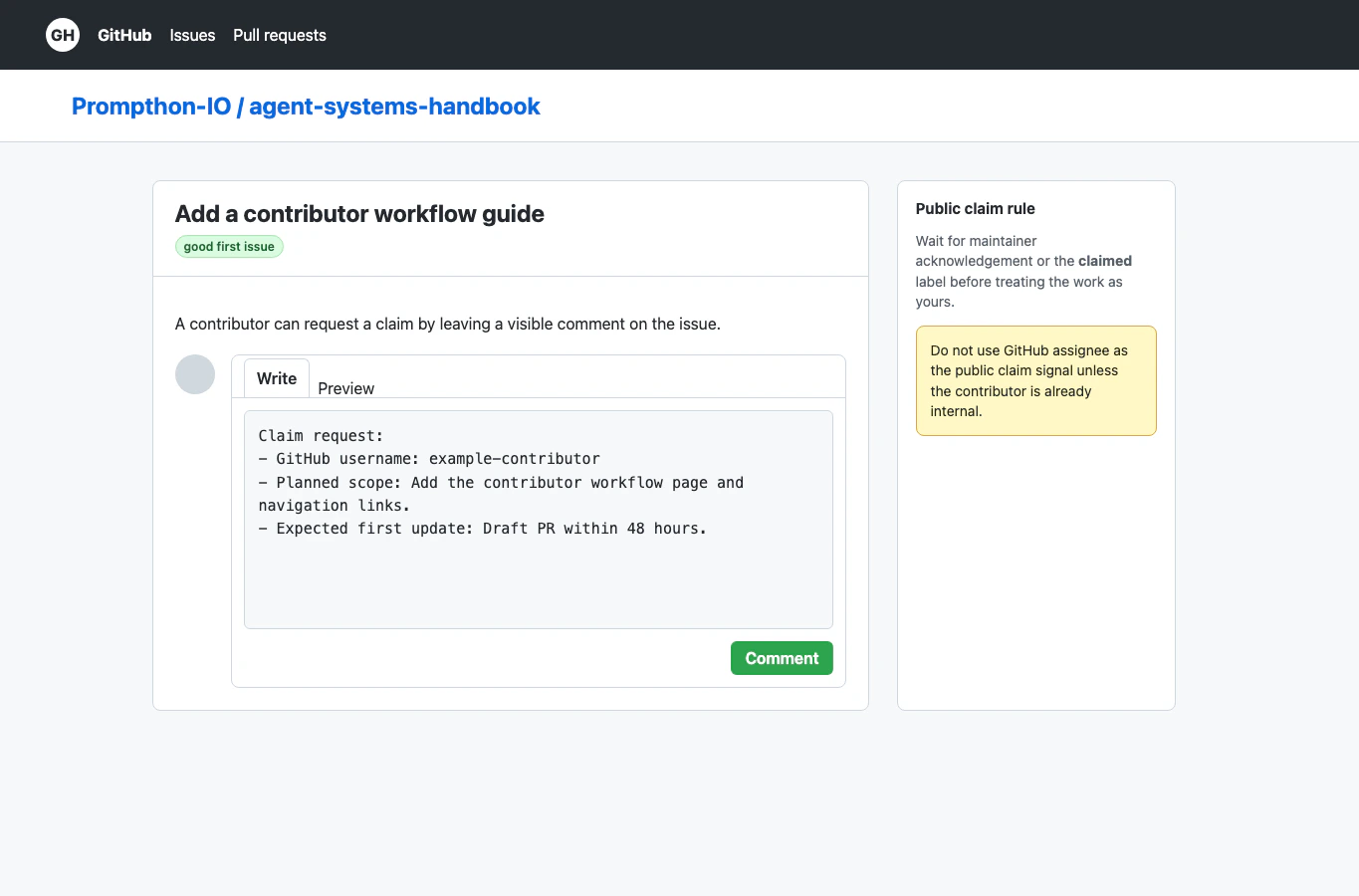 Claim request comment template in GitHub