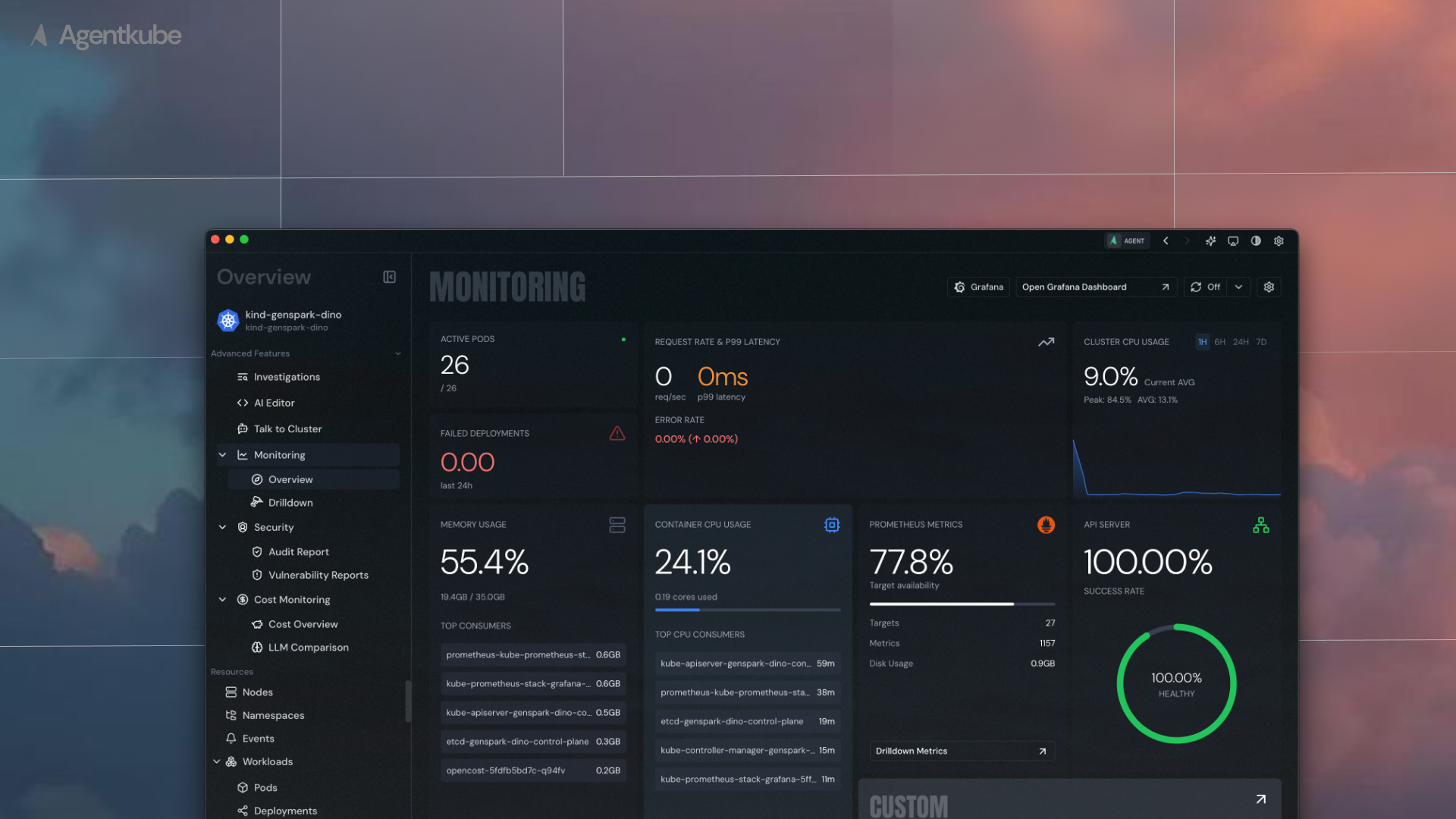 Monitoring dashboard showing cluster metrics and performance data