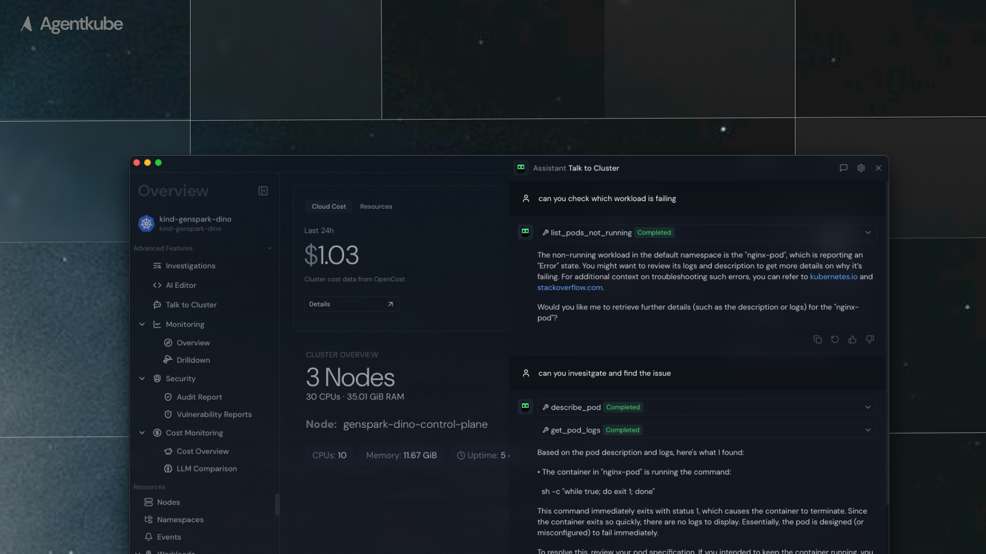 Side chat panel showing AI interaction with cluster context and management capabilities