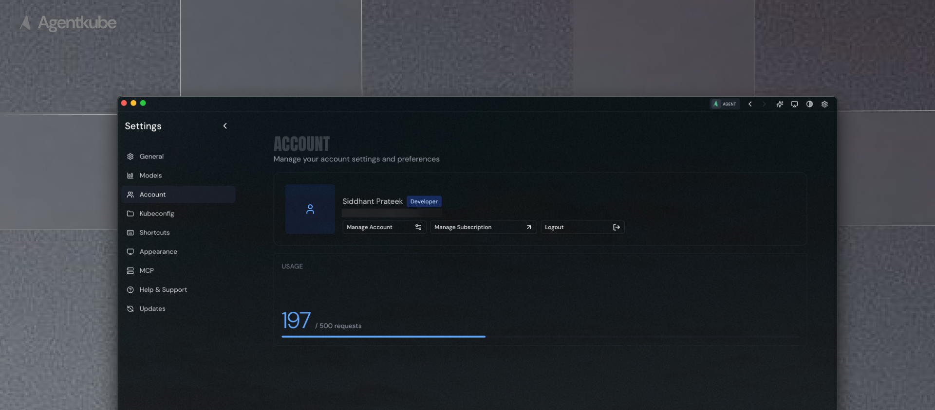 Account settings interface displaying authentication status and usage information