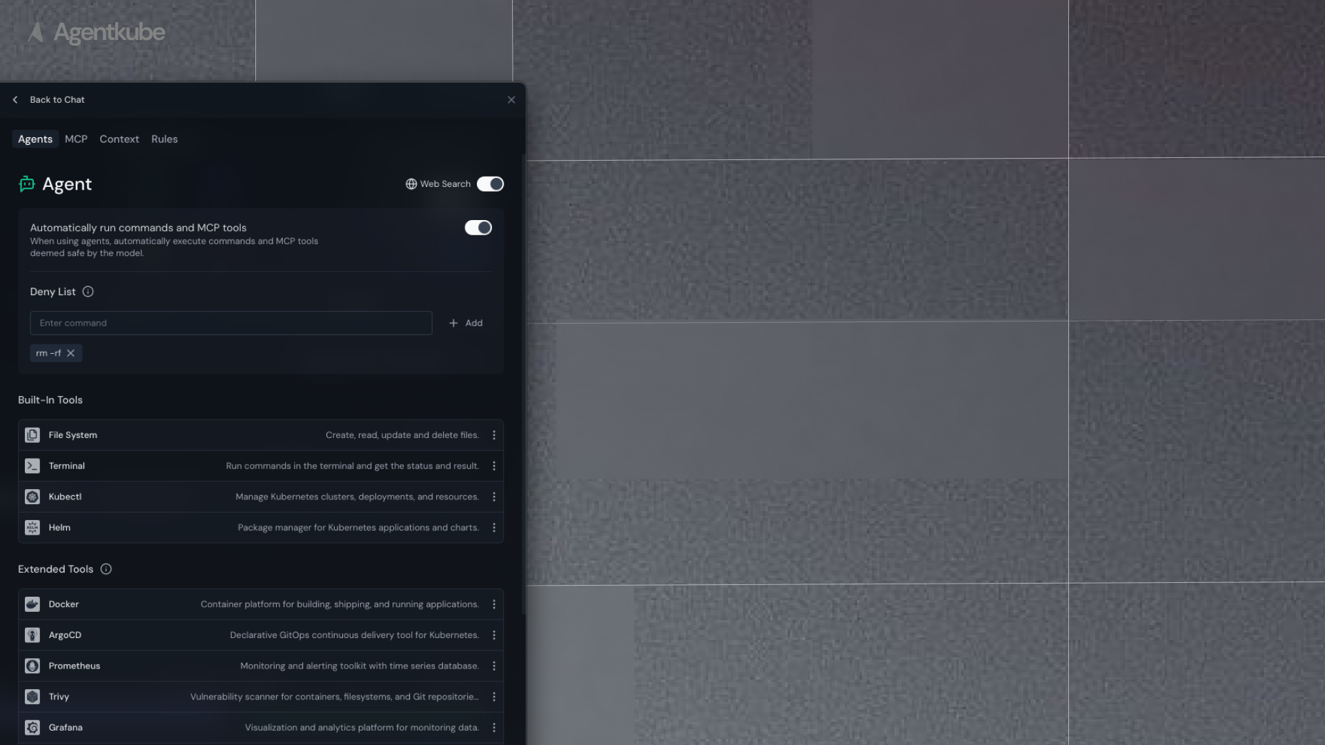 Agent tools settings showing built-in and extended tools configuration