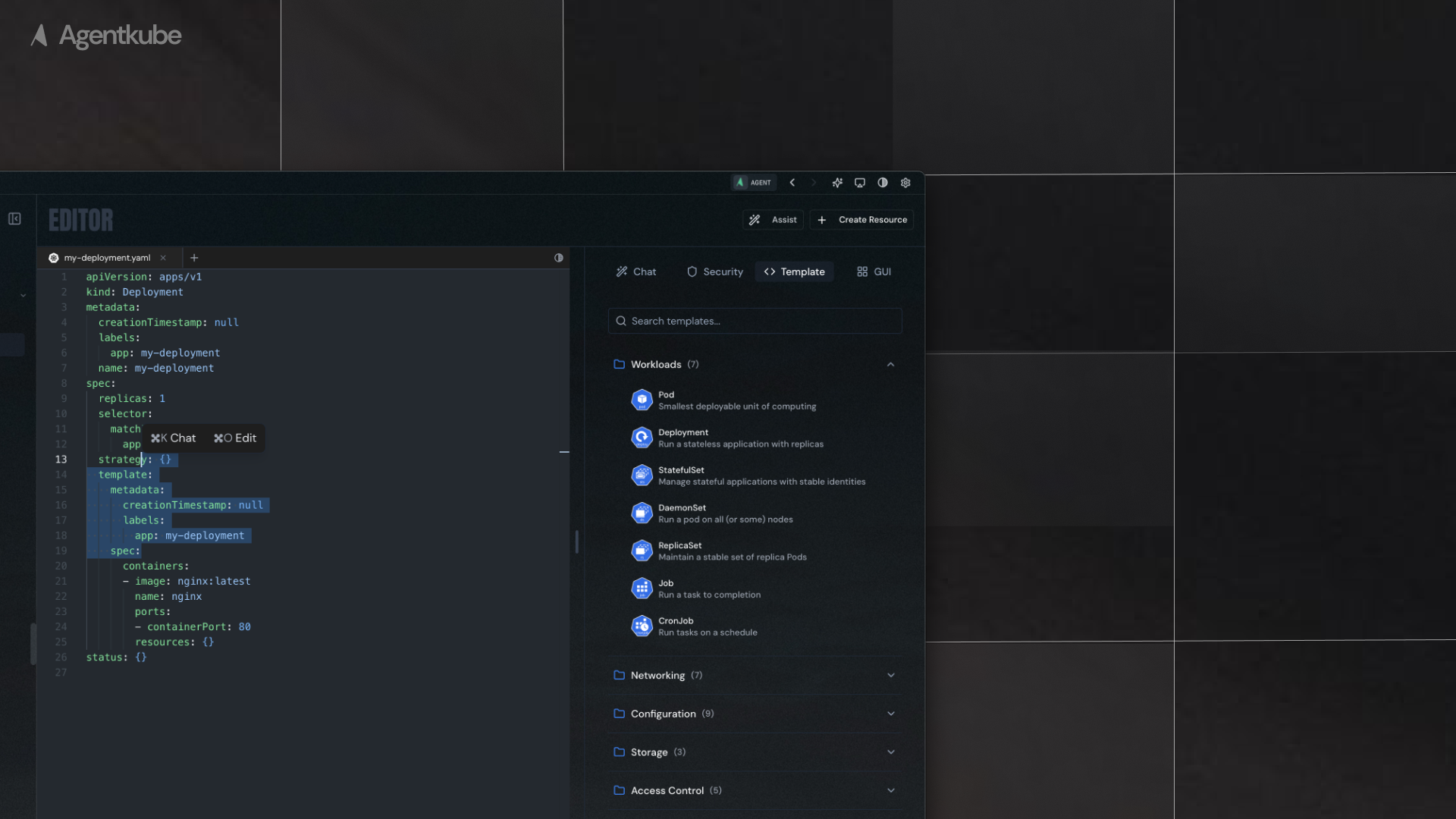 Editor showing Kubernetes manifest editing with context menu and security features