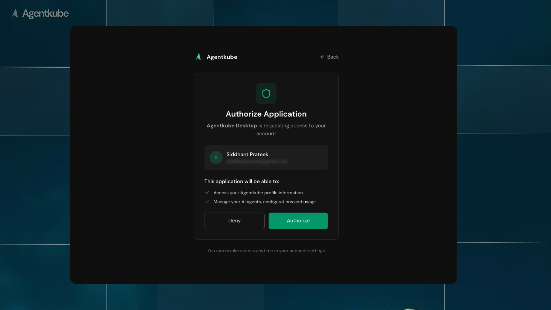 Browser window showing Agentkube authorization request with account permissions