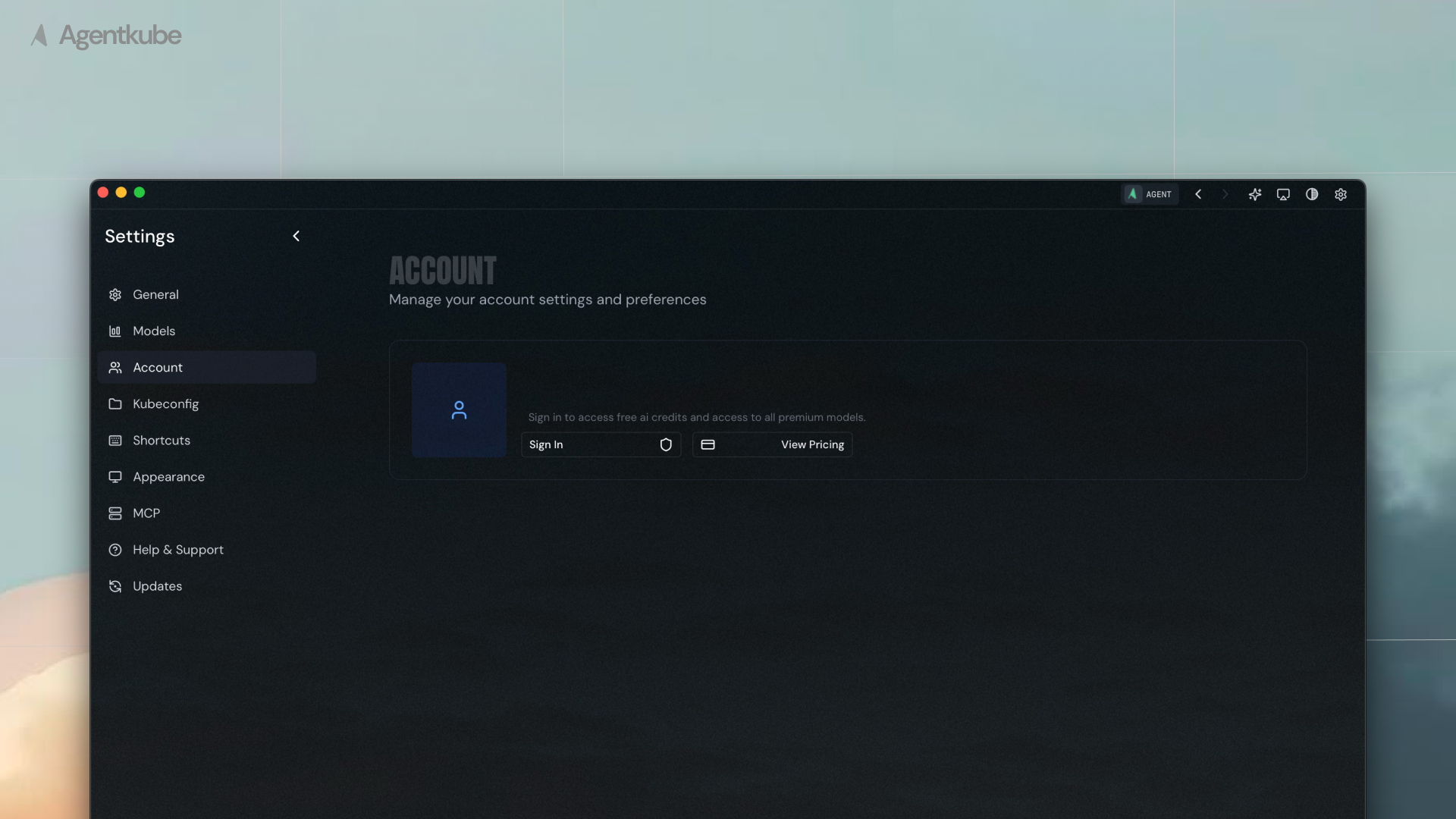 Account settings showing the Sign In button for authentication