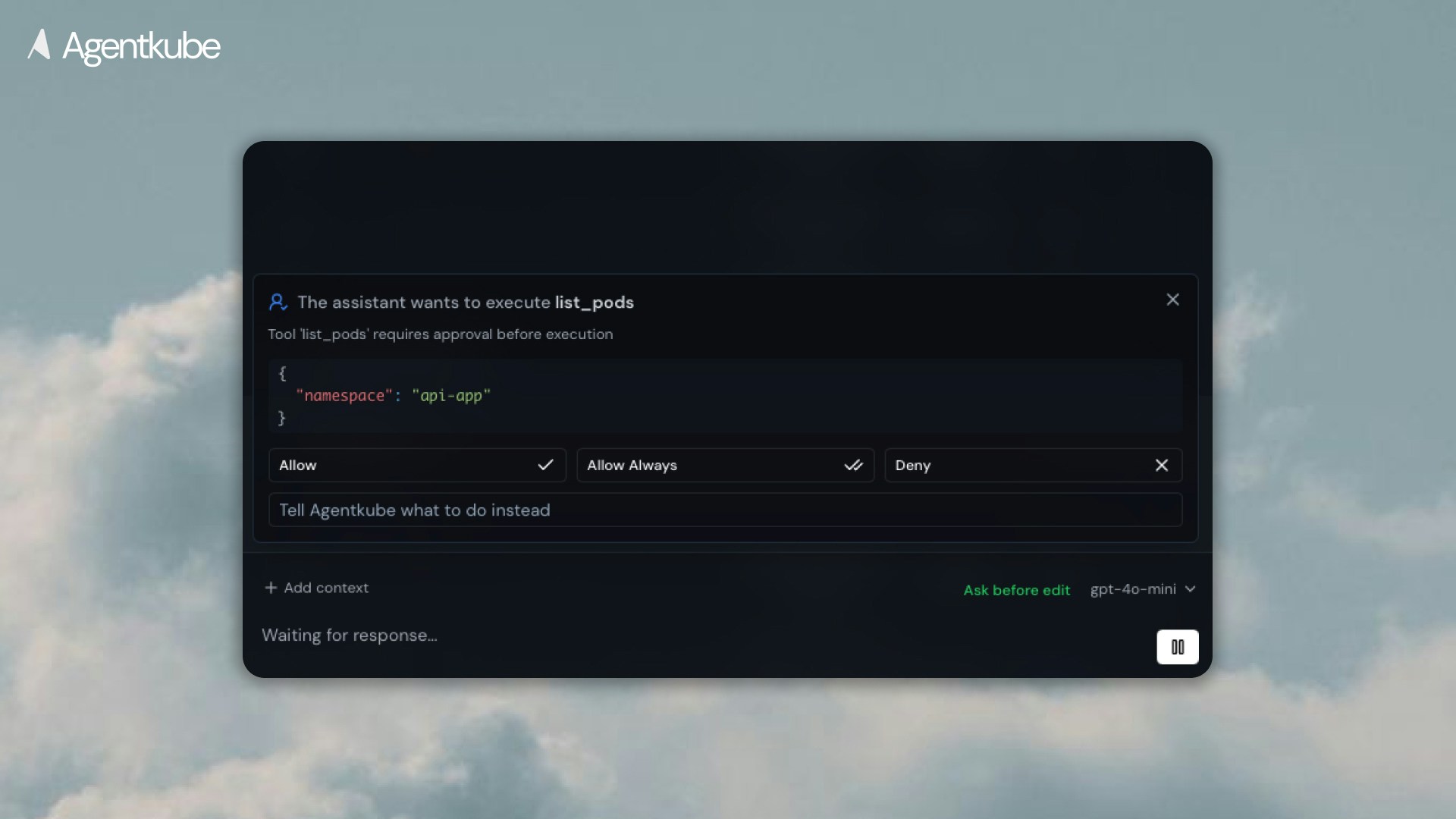 Permission dialog showing tool call approval options with Allow, Allow Always, and Deny buttons