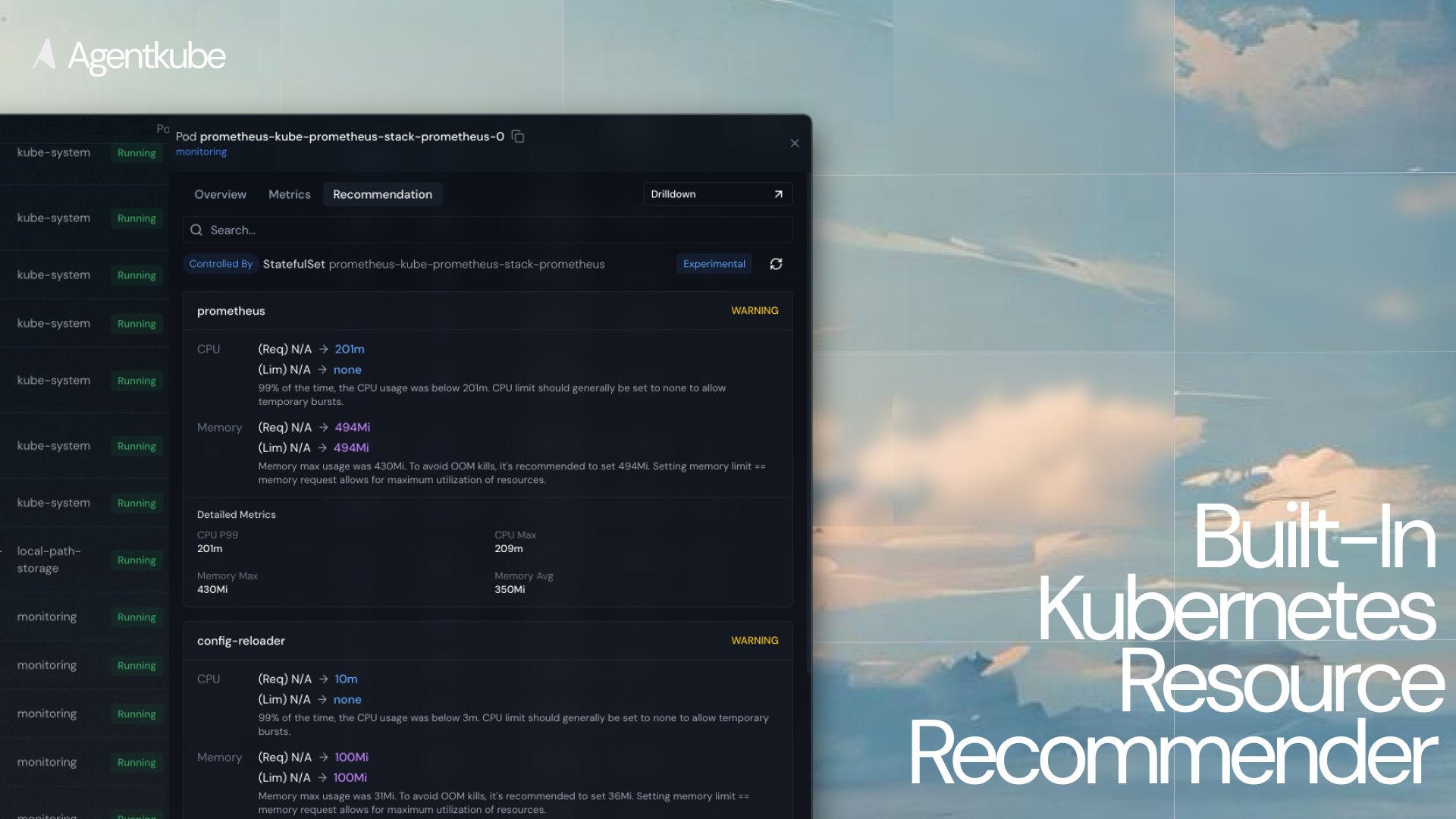 Resource recommendations showing CPU and memory suggestions for Kubernetes pods