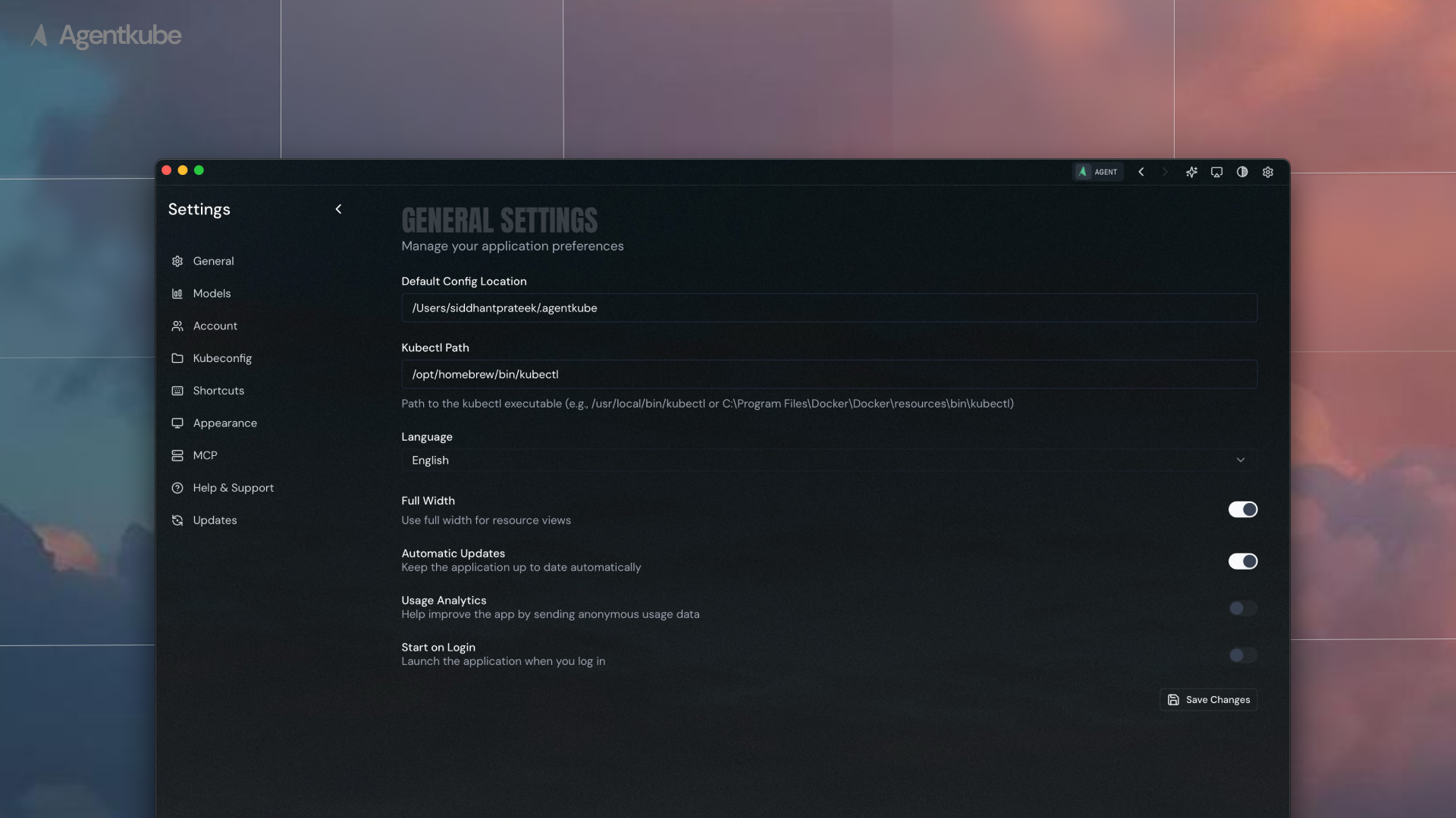 General settings interface showing analytics toggle and other configuration options