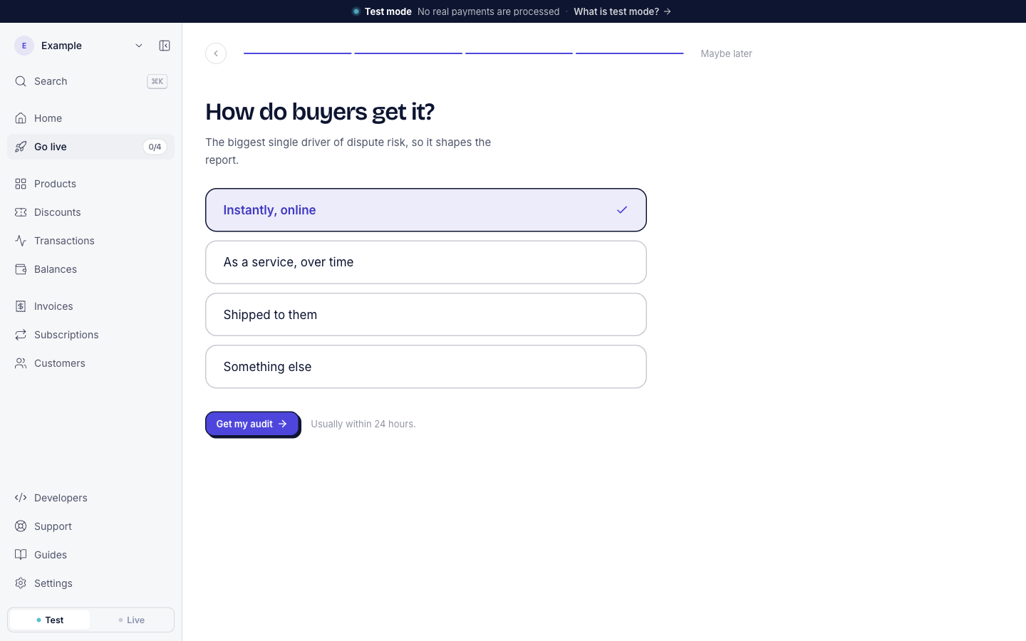 The audit form asking How do buyers get it?, with Instantly, online selected. Next to the Get my audit button: Usually within 24 hours.
