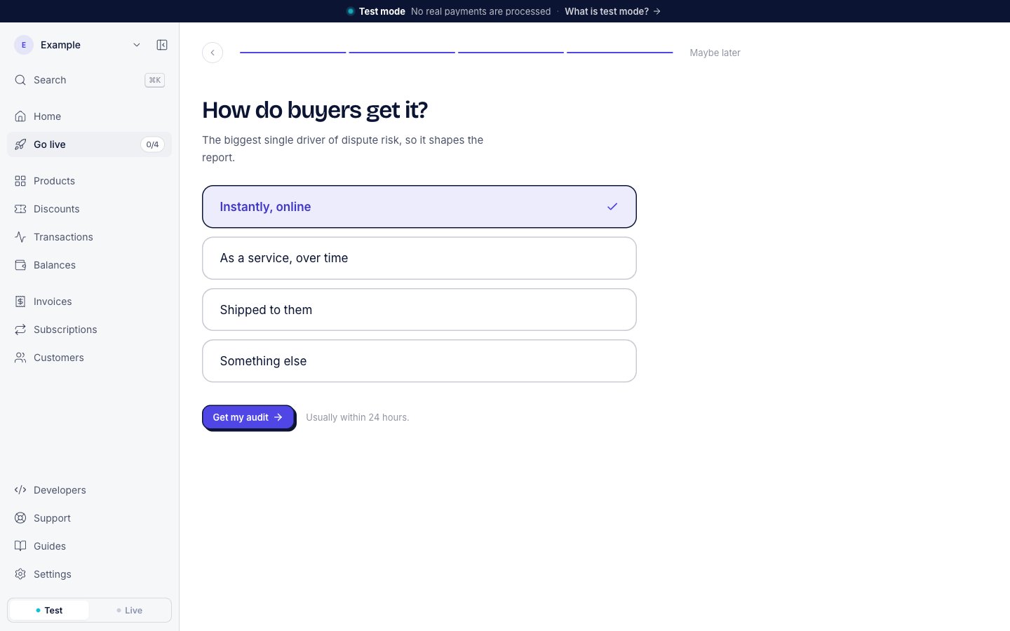 The audit form asking How do buyers get it?, with Instantly, online selected. Next to the Get my audit button: Usually within 24 hours.