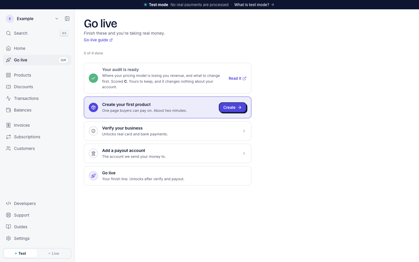 The Go live page. The first row says Your audit is ready. Where your pricing model is losing you revenue, and what to change first. Scored C. Yours to keep, and it changes nothing about your account. The link Read it is on the right.