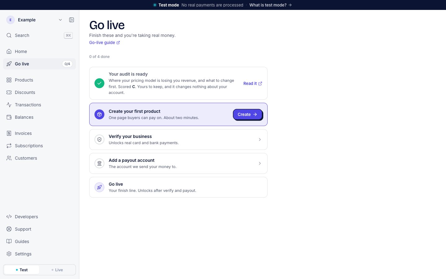 The Go live page. The first row says Your audit is ready. Where your pricing model is losing you revenue, and what to change first. Scored C. Yours to keep, and it changes nothing about your account. The link Read it is on the right.