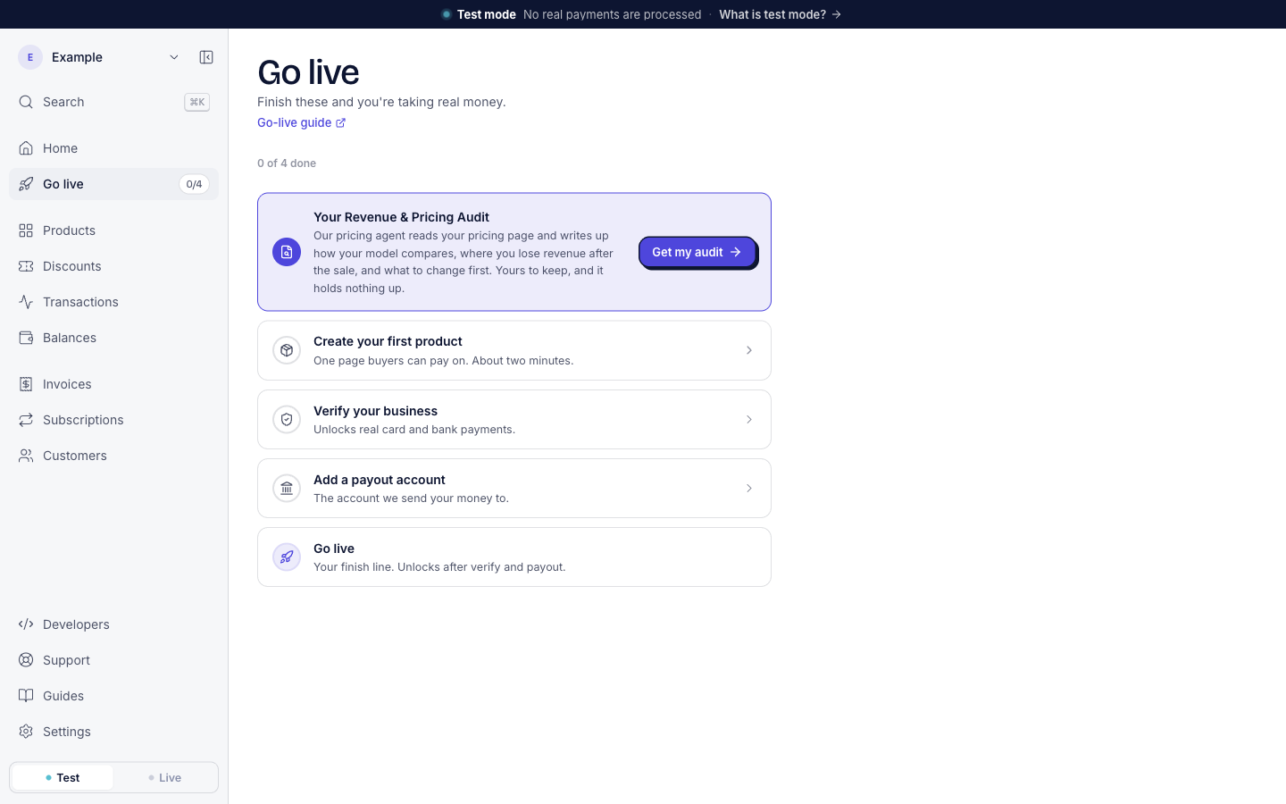 The Go live page. The first row is Your Revenue & Pricing Audit: Our pricing agent reads your pricing page and writes up how your model compares, where you lose revenue after the sale, and what to change first. Yours to keep, and it holds nothing up. The button is Get my audit. The rows below are Create your first product, Verify your business, Add a payout account, and Go live.