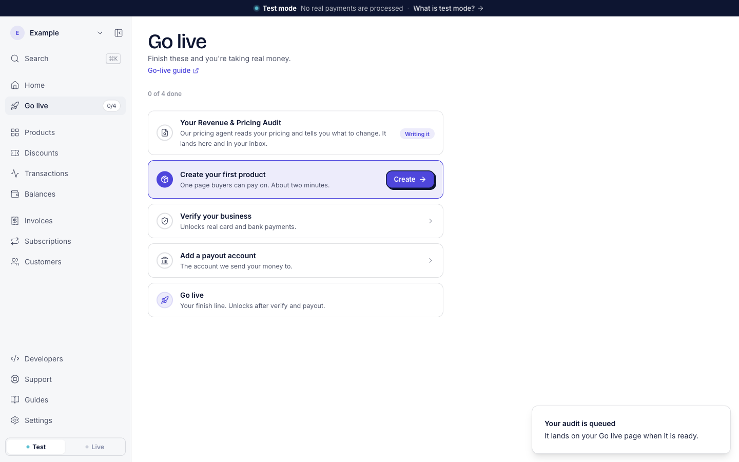 The Go live page. The first row, Your Revenue & Pricing Audit, says Our pricing agent reads your pricing and tells you what to change. It lands here and in your inbox. and shows Writing it.