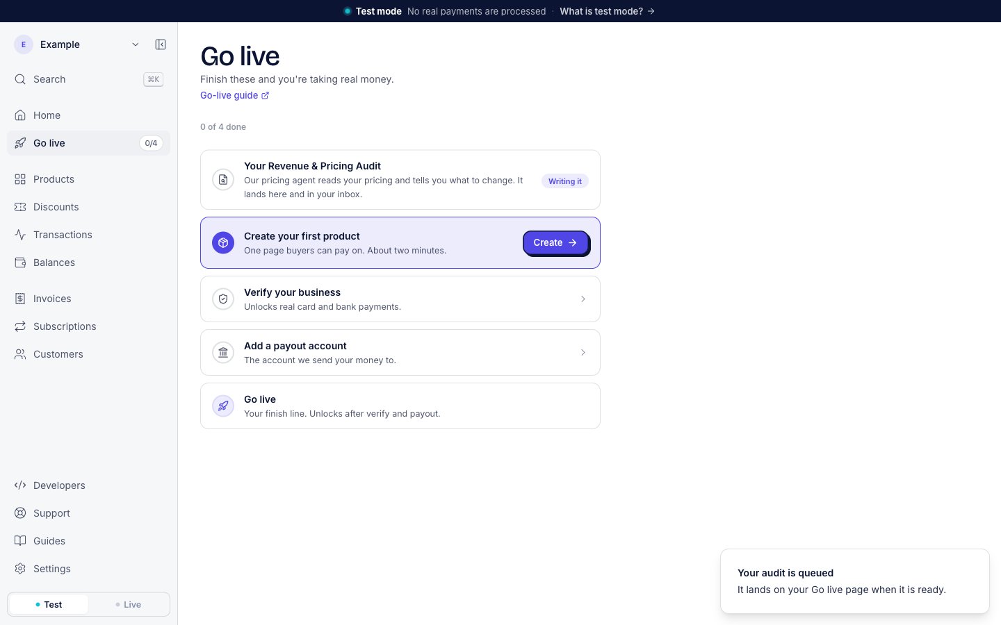 The Go live page. The first row, Your Revenue & Pricing Audit, says Our pricing agent reads your pricing and tells you what to change. It lands here and in your inbox. and shows Writing it.