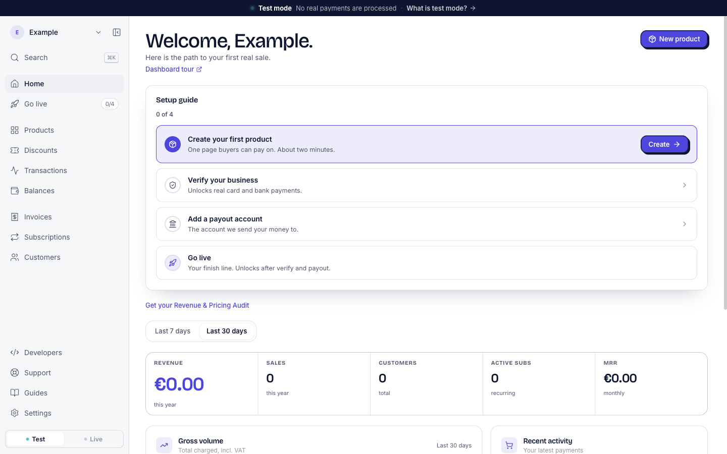 Home with the heading Welcome, Example., the setup guide, and under it the link Get your Revenue & Pricing Audit