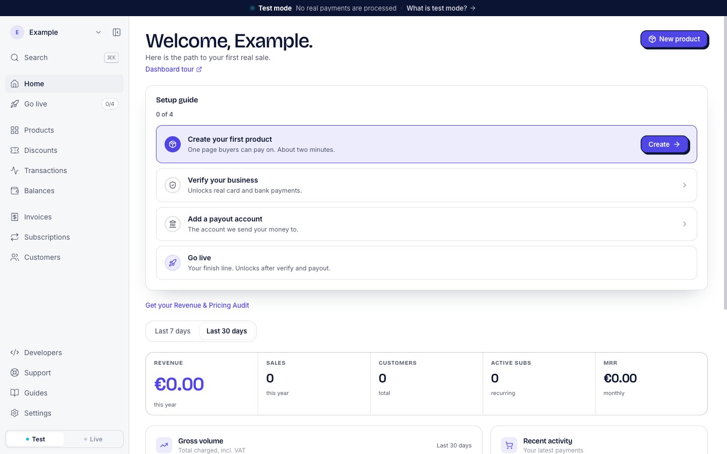 Home with the heading Welcome, Example., the setup guide, and under it the link Get your Revenue & Pricing Audit