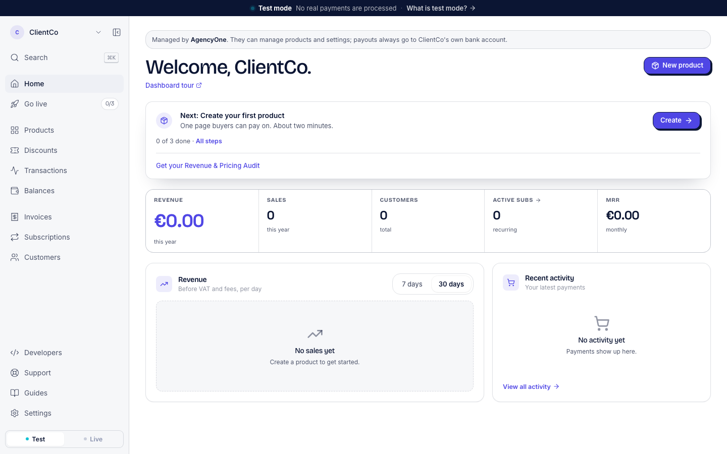 The client's dashboard right after accepting, with the line Managed by AgencyOne at the top and the next-step card at 0 of 3