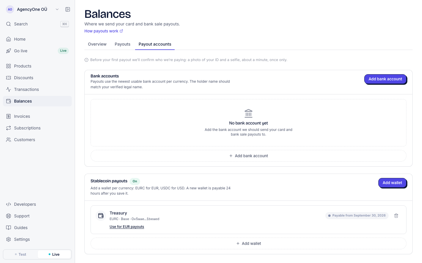 The Stablecoin payouts section with one wallet named Treasury, EURC on Base with a shortened address, the badge Payable from September 30, 2026, and the link Use for EUR payouts