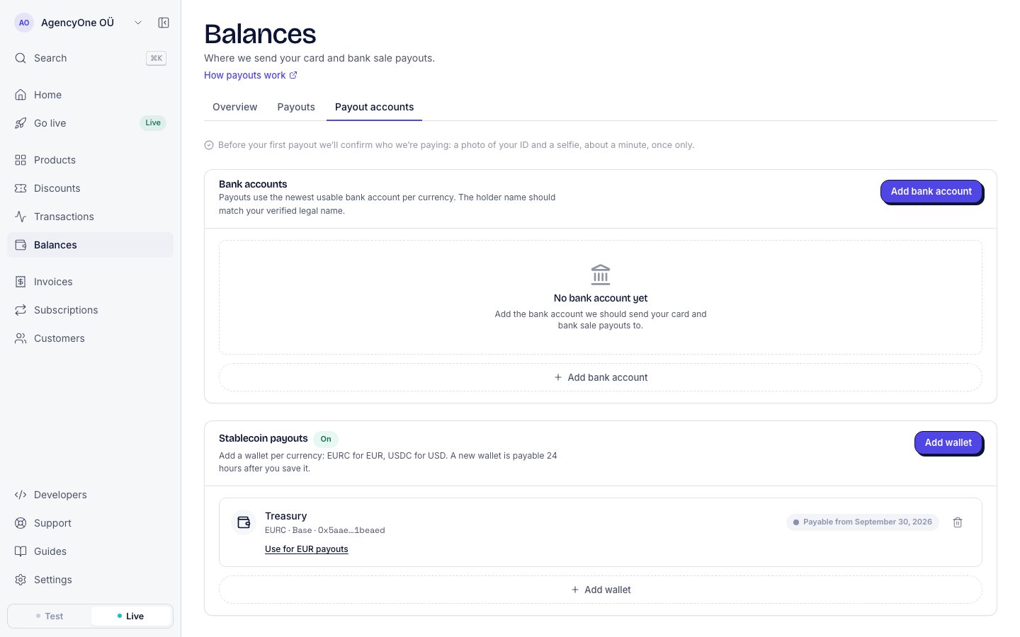 The Stablecoin payouts section with one wallet named Treasury, EURC on Base with a shortened address, the badge Payable from September 30, 2026, and the link Use for EUR payouts