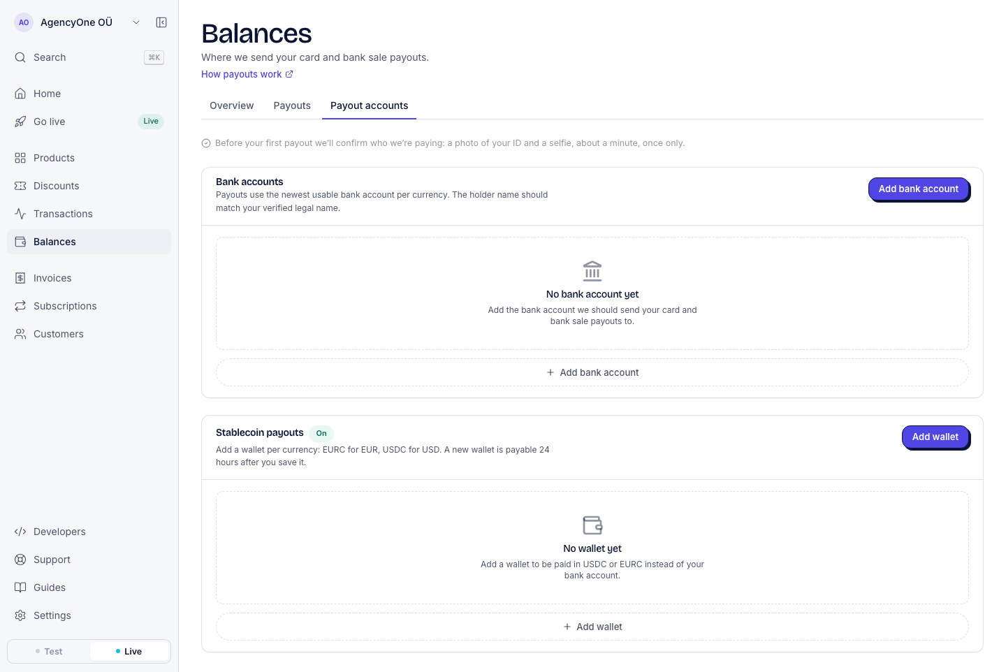 The Payout accounts tab with the Bank accounts section and, below it, the Stablecoin payouts section marked On, with an Add wallet button and the empty state No wallet yet