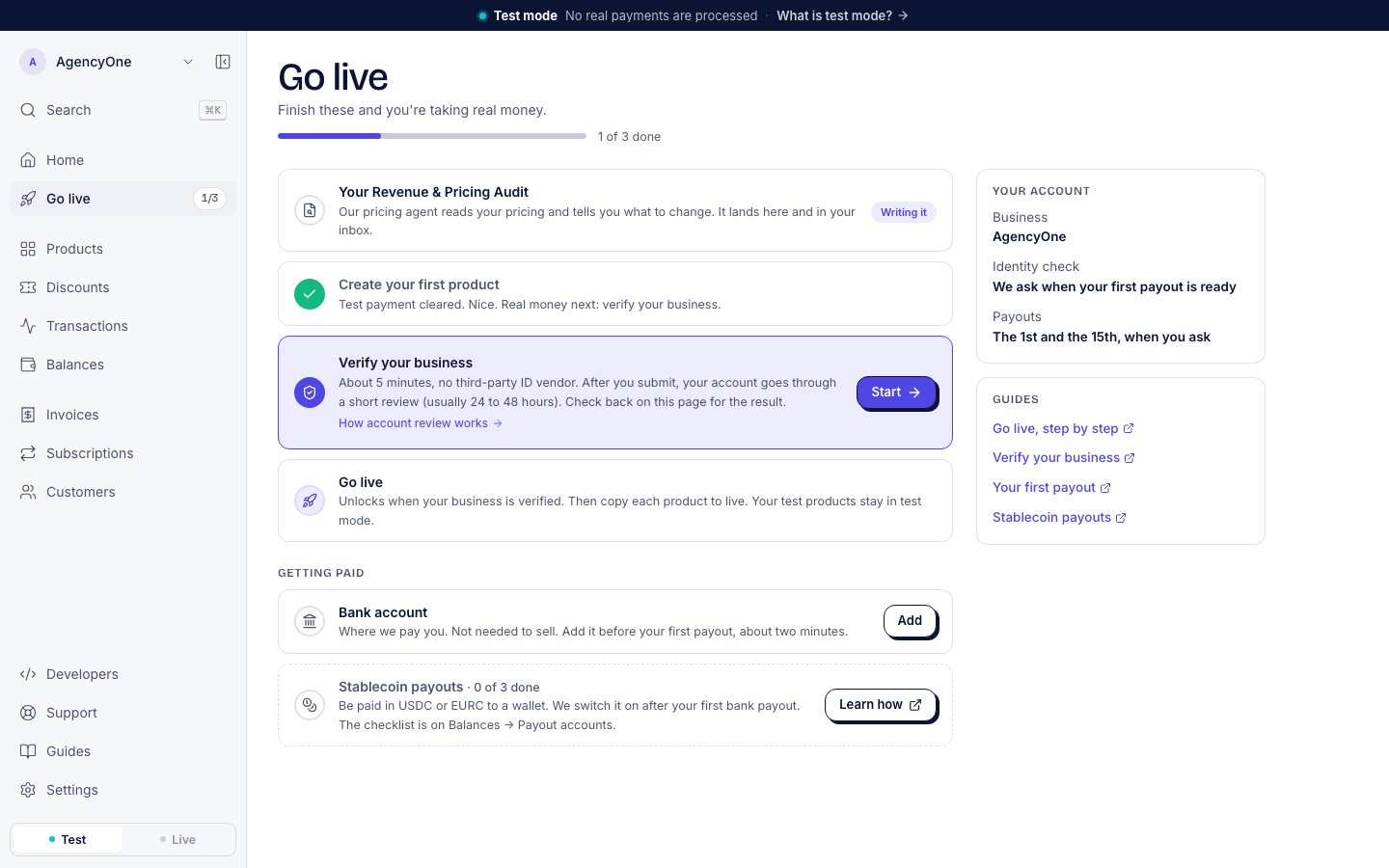 The Go live page, 1 of 3 done. The Verify your business row says: About 5 minutes, no third-party ID vendor. After you submit, your account goes through a short review (usually 24 to 48 hours). It has a Start button.