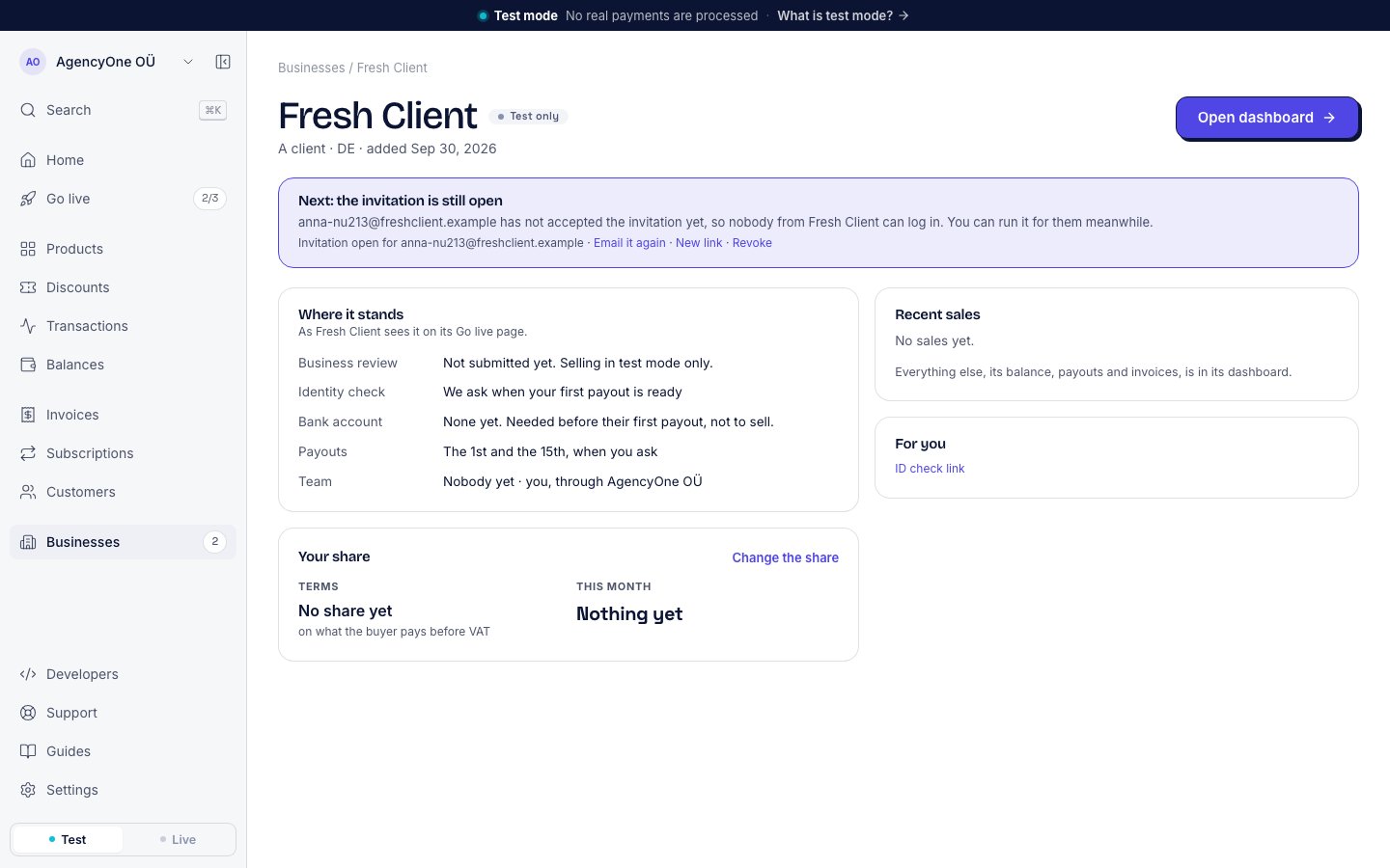 The page of a client's business. The card For you shows the link ID check link, and the card Where it stands says of the identity check: We ask when your first payout is ready