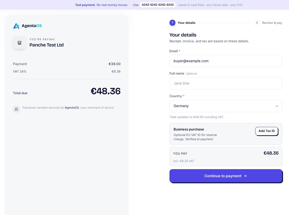AgentaOS checkout page showing the product, buyer details, destination VAT, and the total due