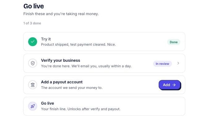 Go live checklist with Verify your business in review