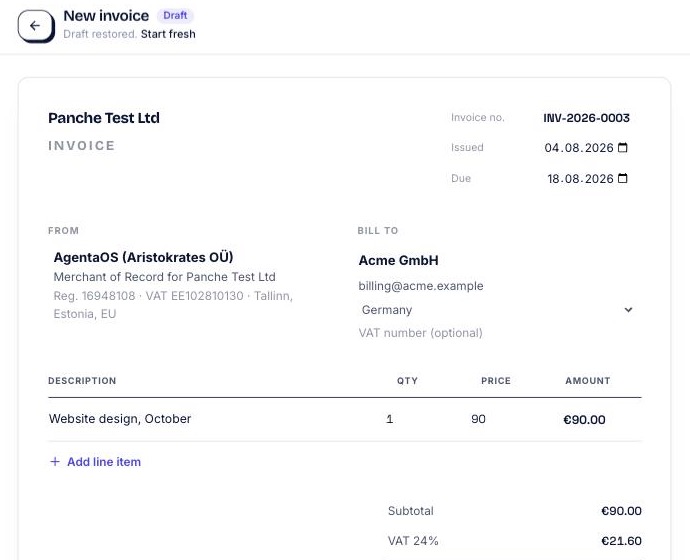 AgentaOS invoice builder showing seller and buyer details, a line item, and the VAT breakdown