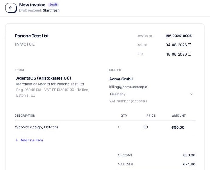 AgentaOS invoice builder showing seller and buyer details, a line item, and the VAT breakdown