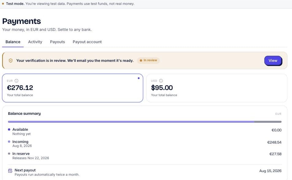 AgentaOS Payments page showing EUR and USD balances and the balance summary