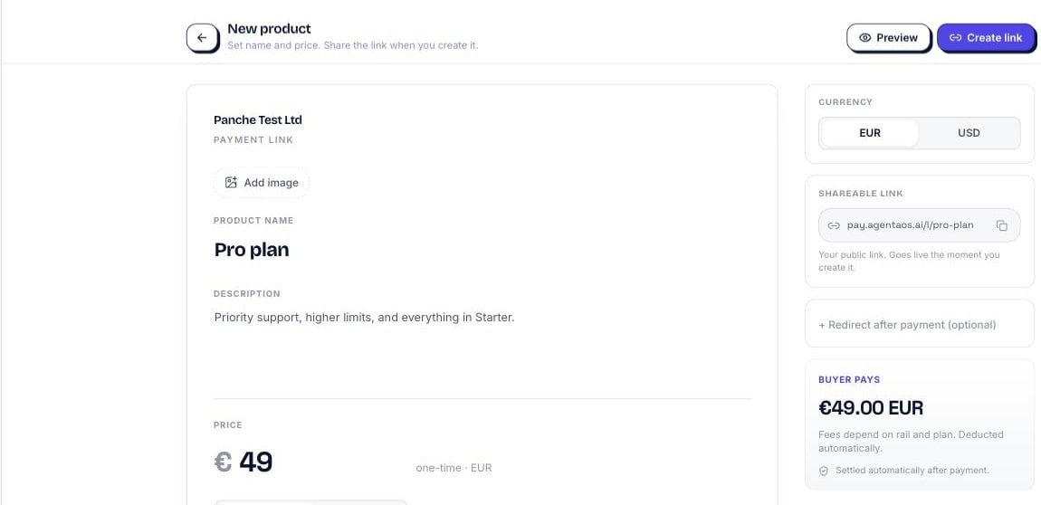 AgentaOS product builder with a name, price, and the generated shareable payment link