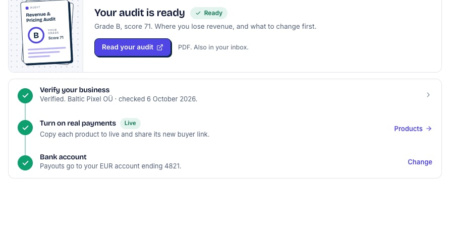 Your audit is ready, marked Ready. Grade B, score 71. Where you lose revenue, and what to change first. The button Read your audit, and PDF. Also in your inbox.