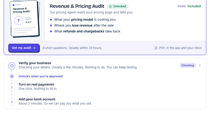 The Revenue & Pricing Audit marked Unlocked, with the button Get my audit and the hint 4 short questions. Usually within 24 hours. The verify step below shows Checking.