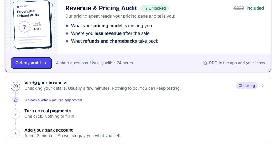 The Revenue & Pricing Audit marked Unlocked, with the button Get my audit and the hint 4 short questions. Usually within 24 hours. The verify step below shows Checking.