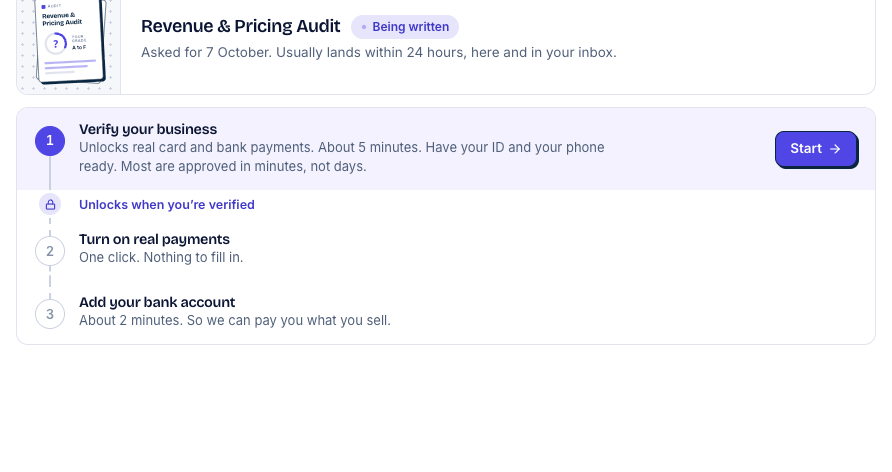 The Revenue & Pricing Audit marked Being written: Asked for 7 October. Usually lands within 24 hours, here and in your inbox. The three steps sit below it.