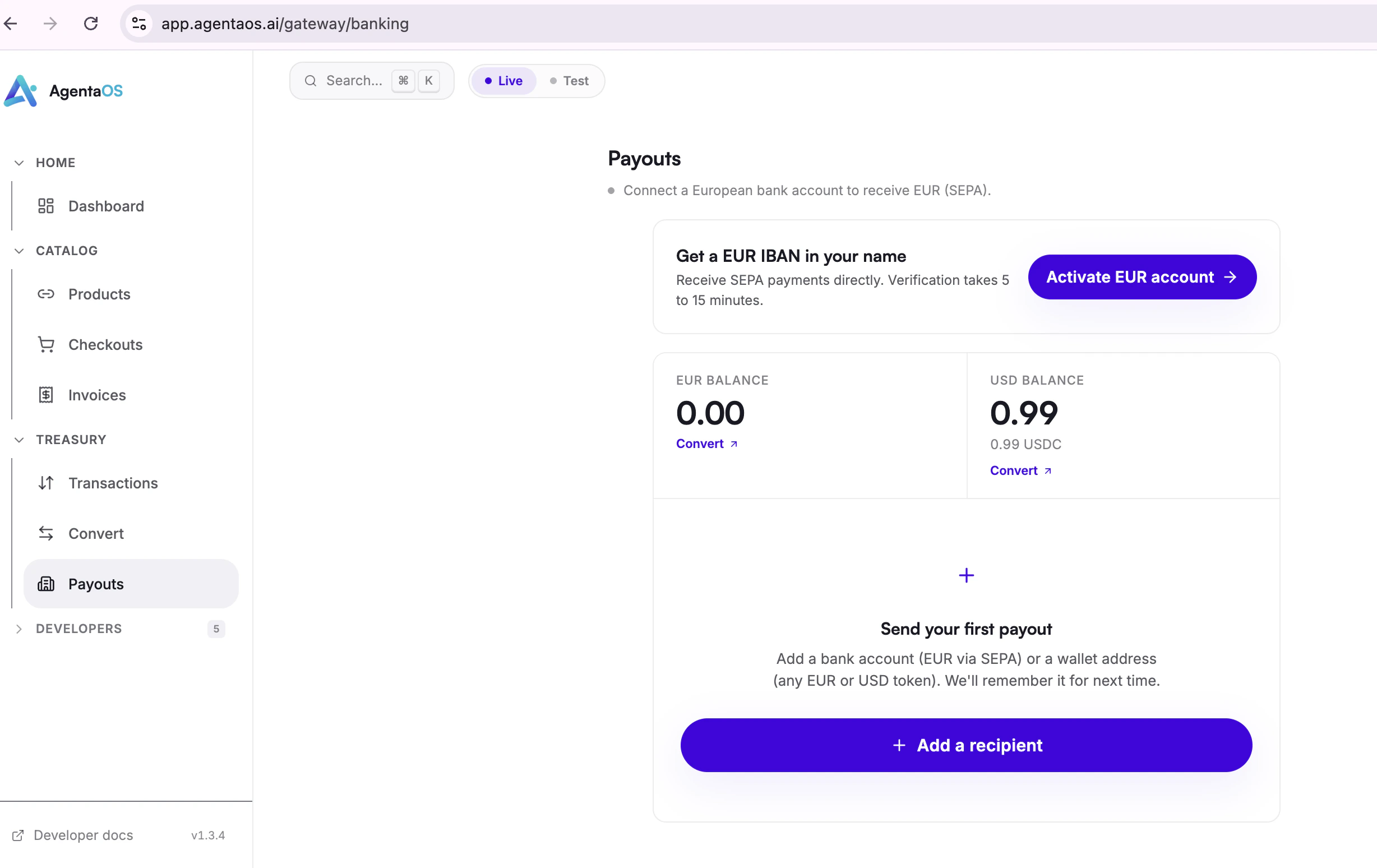 AgentaOS Payouts page with the Activate EUR account button