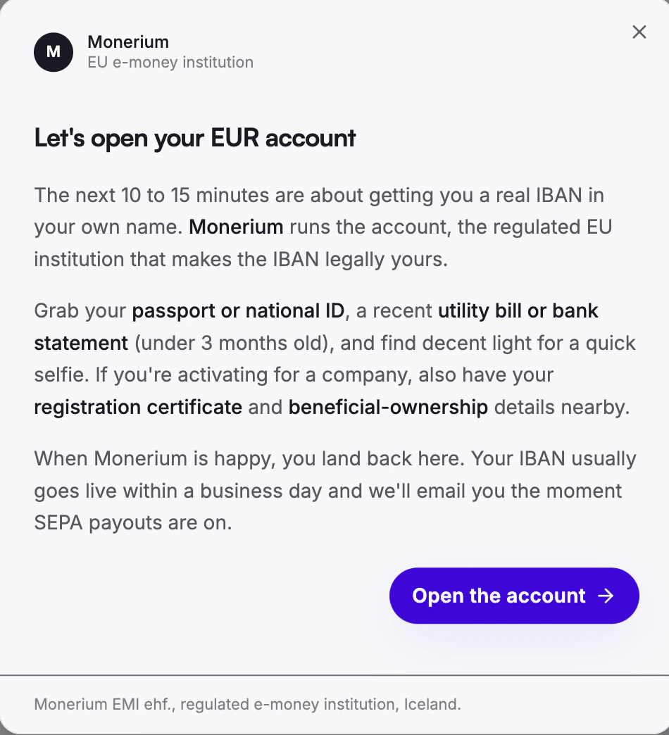 Consent screen explaining what is needed to open the EUR account