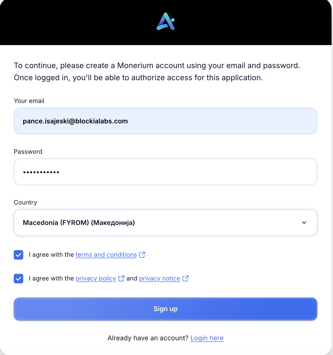 Email, password and country form