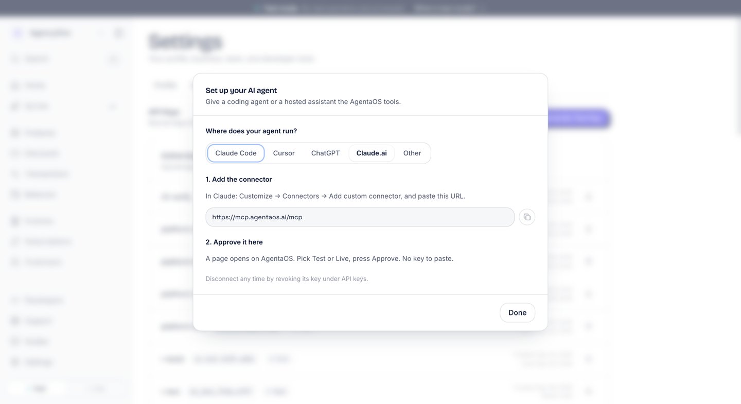 The Set up your AI agent dialog with the Claude.ai tab selected. Step 1, Add the connector, says: In Claude, Customize, Connectors, Add custom connector, and paste this URL, followed by https://mcp.agentaos.ai/mcp with a copy button. Step 2, Approve it here, says a page opens on AgentaOS where you pick Test or Live and press Approve.