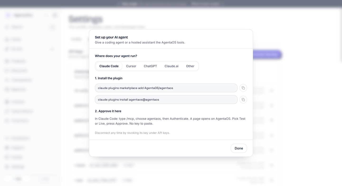 The Set up your AI agent dialog in Settings. The Claude Code tab is selected next to Cursor, ChatGPT, Claude.ai and Other. Step 1, Install the plugin, shows two claude plugins commands with copy buttons. Step 2, Approve it here, says to type /mcp, choose agentaos, then Authenticate, and pick Test or Live on the AgentaOS page.
