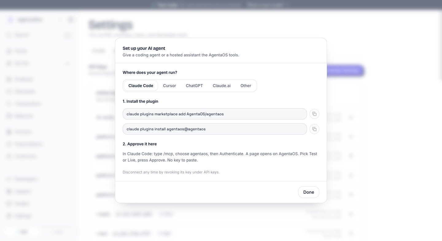 The Set up your AI agent dialog in Settings. The Claude Code tab is selected next to Cursor, ChatGPT, Claude.ai and Other. Step 1, Install the plugin, shows two claude plugins commands with copy buttons. Step 2, Approve it here, says to type /mcp, choose agentaos, then Authenticate, and pick Test or Live on the AgentaOS page.