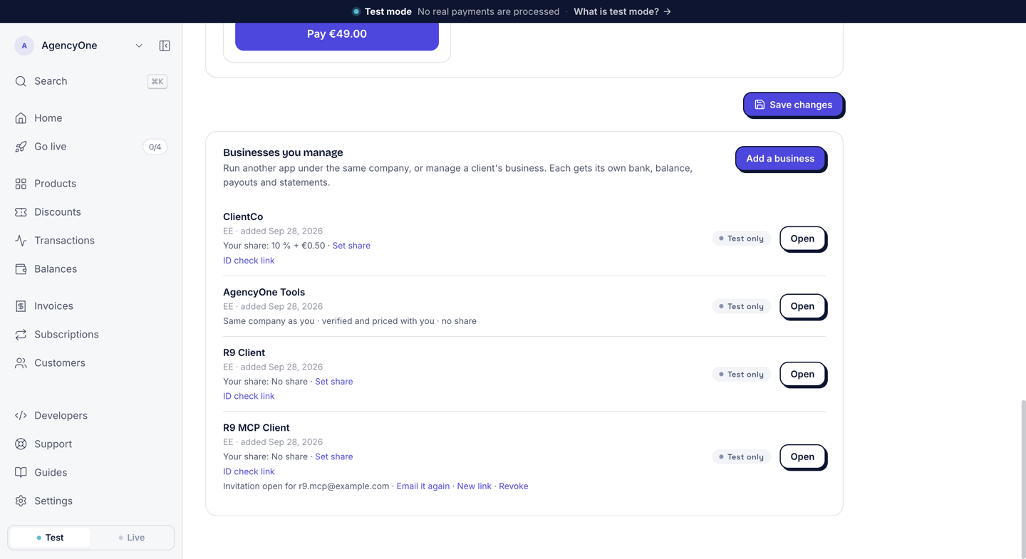 Businesses you manage: four businesses with their status pills, share, ID check link, and one open invitation with Email it again, New link and Revoke