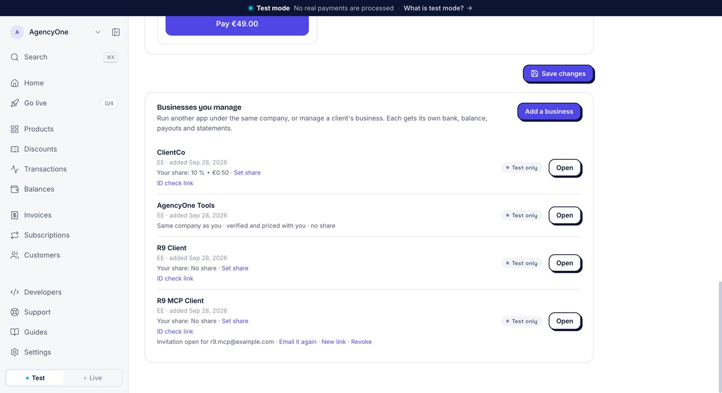 Businesses you manage: four businesses with their status pills, share, ID check link, and one open invitation with Email it again, New link and Revoke