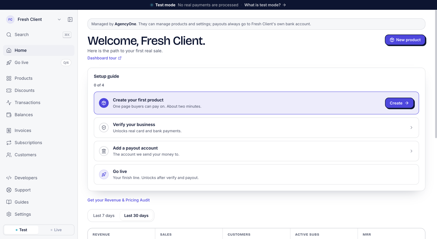 The client's dashboard right after accepting, with the line Managed by AgencyOne at the top and the setup guide at zero