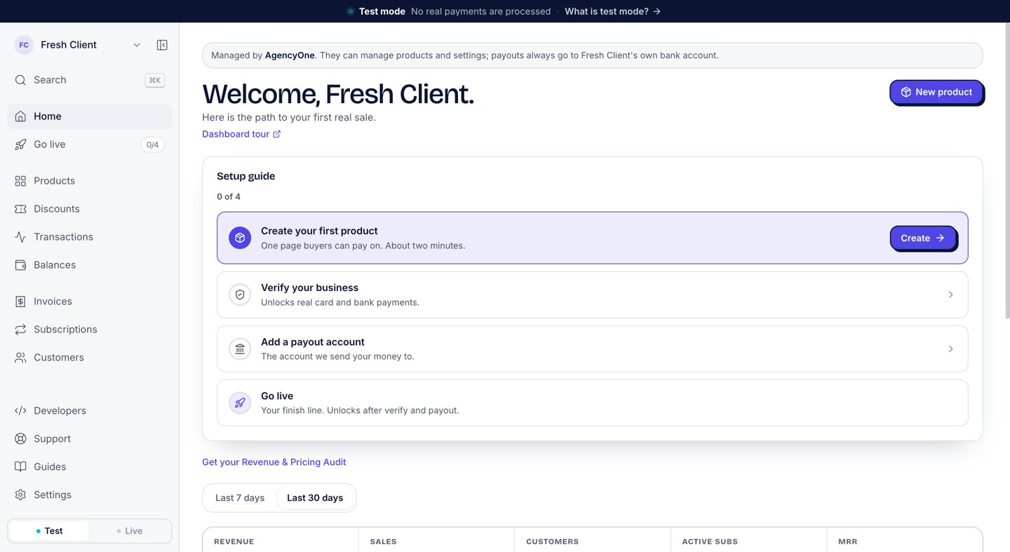 The client's dashboard right after accepting, with the line Managed by AgencyOne at the top and the setup guide at zero